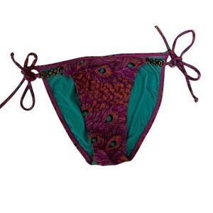 SOFIA by ViX Purple & Teal Peacock Print Tie-Side Bikini Bottom